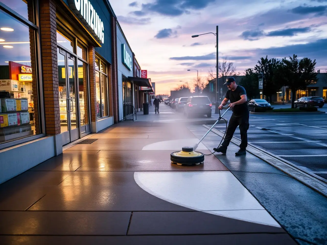 Surface cleaner washing the concrete sidewalk in front of a commercial storefront in Macon, Georgia