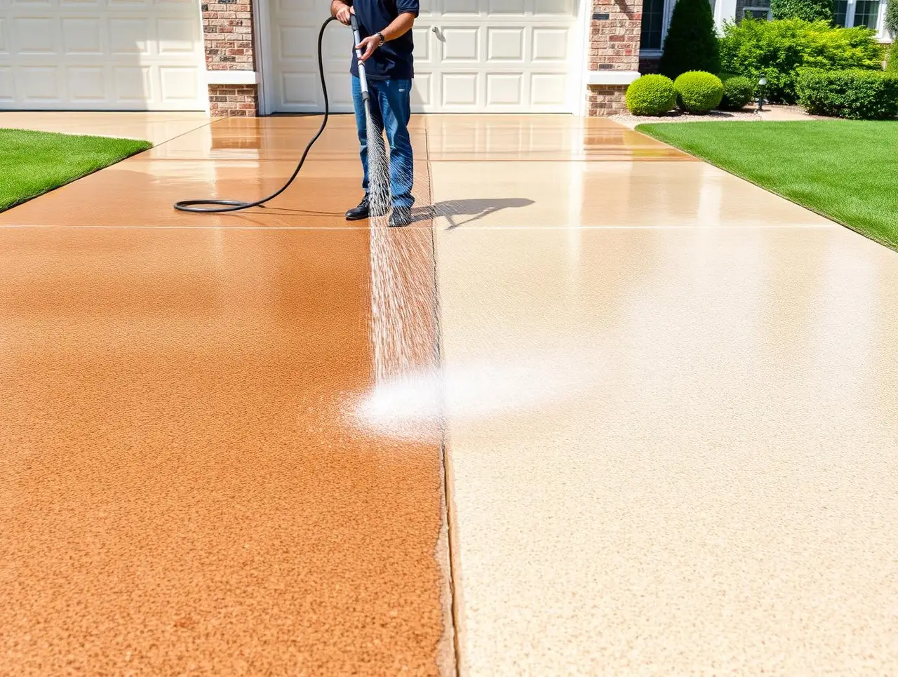 Pressure washer stripping dirt and oil stains from a concrete driveway in Macon, GA, showing a clean strip beside the grimy surface
